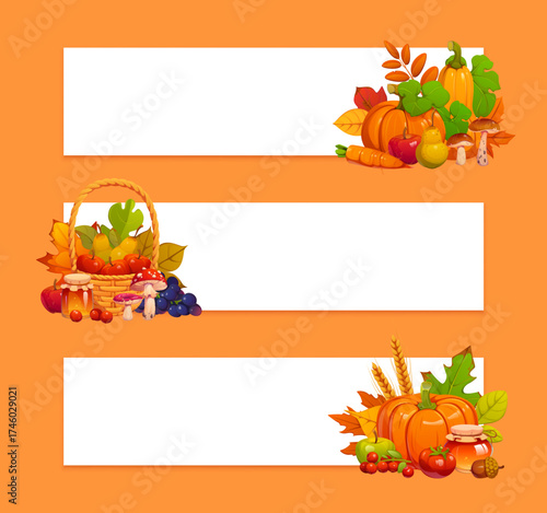 Fall season autumn vector banners with cartoon bright leaves, pumpkins, ripe fruits and vegetables harvest, honey, acorns and mushroom with berries. Thanksgiving harvest holiday, autumn season banners