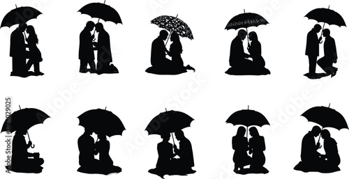 Romantic couple silhouette under umbrella, love protection concept, rainy weather illustration, emotional relationship art, affection and togetherness vector design.Romantic couple 