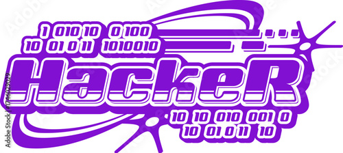 Computer hacker and technology retro Y2K icon or emblem. Computer security vintage vector element, malware software Y2K icon. Digital technology sign with binary code, stars sparks, retro typography