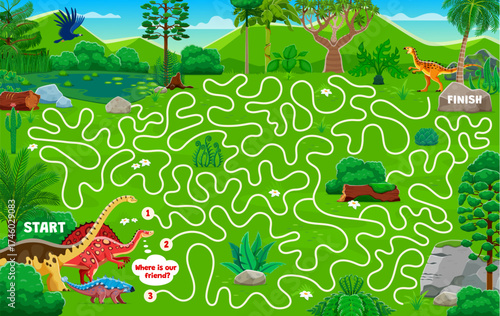 Kids labyrinth maze game worksheet with funny dinosaurs. Labyrinth game vector worksheet, search path maze or quiz. Find way riddle with dinosaurs cute character in prehistoric jungle rainforest