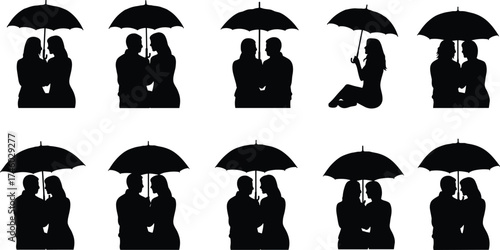 Romantic couple silhouette under umbrella, love relationship concept, rainy day affection illustration, man and woman holding umbrella 