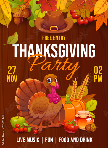 Thanksgiving festival party flyer poster with cartoon turkey and pumpkins, vector banner. Thanksgiving holiday fest party poster with autumn season leaves, pumpkins and apples, pilgrim hat and acorns