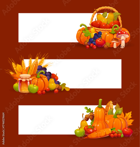 Autumn banners with seasonal Thanksgiving harvest of fruits and vegetables, pumpkins and berries, mushrooms and honey and with autumn fall leaves. Cartoon vector blank templates, horizontal cards