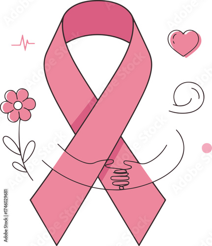 A vibrant pink ribbon, universally recognized as a symbol for breast cancer awareness, is depicted with subtle decorative elements. 