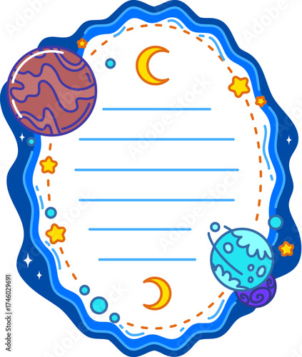Sky clouds and space oval frame kids memo note frame. Universe to do list memo note, blue sky kids schedule vector label. Space galaxy scrapbook sticker or frame with planets, stars and moon crescent