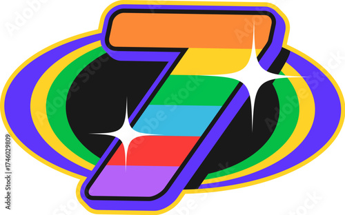 Car motor race motorsport retro Y2K retro sticker or symbol. Formula F1 motorsport Y2K vector label, rally race grand prix patch. Auto racing competition tag seven place rainbow colors shiny number