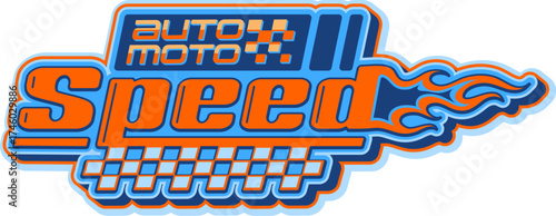 Auto motor race sport grad prix Y2K retro icon or emblem. Formula 1 championship Y2K vector icon, drag race motorsport symbol. Speed racing sign with speed retro typography word and fire flames