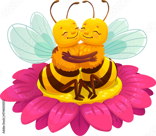 Cartoon cheerful honey bee characters couple hugging each other while sitting on a bright pink flower. Cute vector insects pair personages in love exude romantic springtime vibe. Apiary or love symbol
