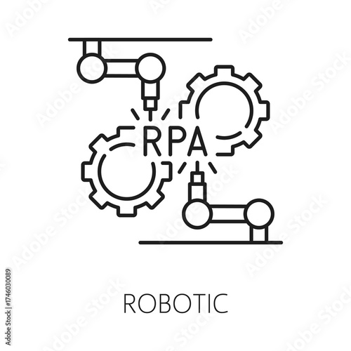 RPA robotic process automation thin line icon or pictogram. Industry robotic tech linear vector icon, RPA technology pictogram. Business process automation innovation symbol with welding robotic hands