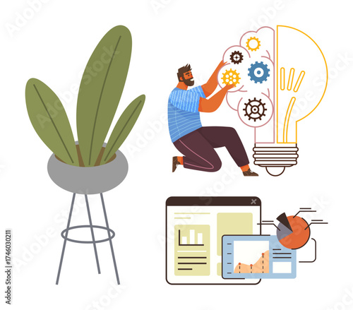 Potted plant next to a man adjusting gears inside a light bulb and virtual dashboards with data charts. Ideal for creativity, innovation, teamwork, strategy, analytics, problem-solving, simple flat