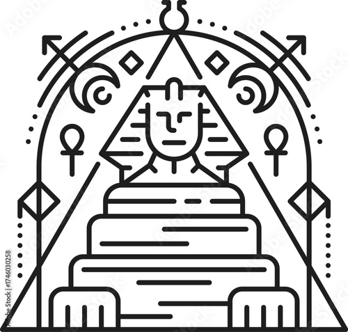 Egyptian sphinx monument esoteric line tattoo or sticker. Ancient culture boho lineart vector print, egypt mythology sacred symbol. Egyptian civilization esoteric tattoo with sphinx mythical creature