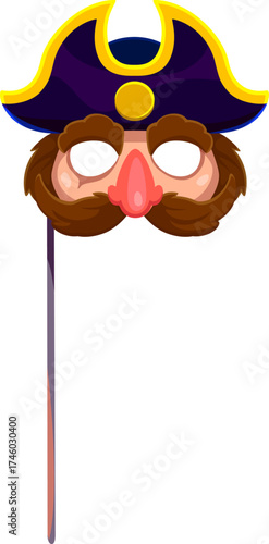 Caribbean pirate face in tricorn hat photo booth mask. Pirate sailor kids photo booth vector prop, filibuster skipper sticker. Buccaneer bandit face mask with mustaches, red nose and sailor hat