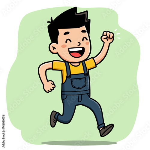 Cartoon boy with black hair in yellow shirt and blue overalls runs joyfully with a fist-pump, set against a light green background.