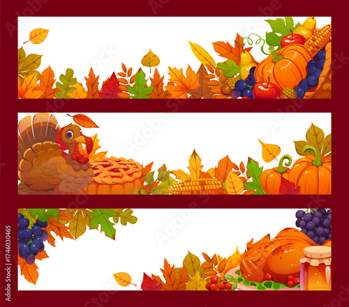 Thanksgiving Day banners with seasonal harvest and foliage, vector backgrounds. Lattice pie, roasted turkey and pumpkins with corn cob, autumn oak or maple leaves and honey for Thanksgiving holiday