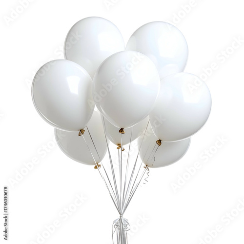 A bunch of white balloons tied together against a stark black background