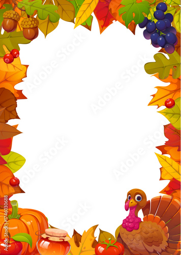 Happy Thanksgiving Day greeting card with frame of cartoon turkey character and fall harvest, vector banner. Acorns, pumpkins and berries with honey and autumn leaves frame for Thanksgiving holiday
