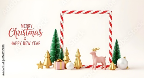 **Best SEO Title for Adobe Stock:**
Minimalist Christmas and New Year Greeting Scene with Candy Cane Frame, Gold Trees, and Reindeer Decoration
