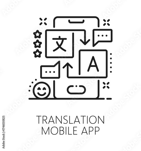 English language translation app line icon or symbol. English language translate outline vector symbol, foreign speech translation icon. Vocabulary sign with smartphone application or service screen