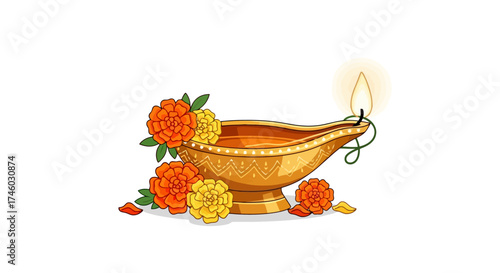 Golden diya lamp illustration adorned with marigold flowers for Diwali celebrations, symbolizing light over darkness, perfect for festive greetings and cultural event promotions.