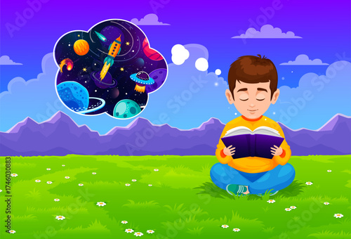 Little boy reading a book on the meadow and dreaming about space, imagining interstellar adventures with rockets, planets, and UFOs. Cartoon character promoting imagination and the joy of reading