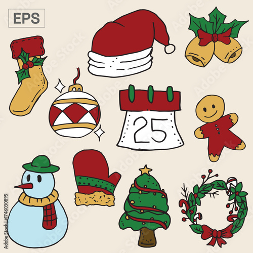 Christmas Holiday Festive Collection Stocking, Hat, Bells, and Ornaments