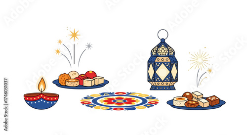 Vibrant Diwali Celebration Illustration Featuring Traditional Sweets, Lanterns, and Diyas for Festive Greetings and Cultural Event Promotions.