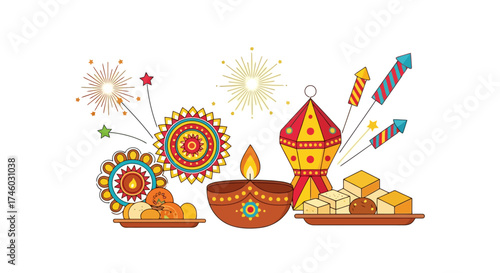 Festive Diwali Celebration Illustration Featuring Traditional Elements and Sweets for Cultural Events and Holiday Promotions
