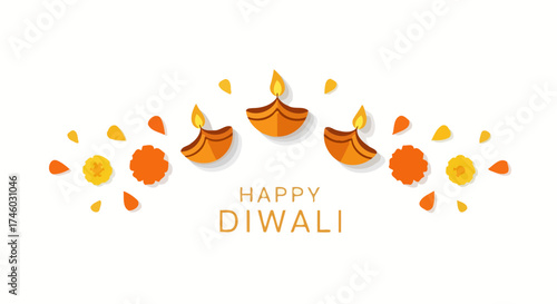 Festive Diwali Celebration with Traditional Oil Lamps and Marigold Decorations, Ideal for Greeting Cards, Invitations, and Cultural Event Promotions
