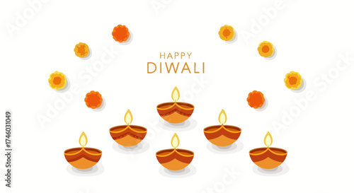 Festive Diwali Celebration Background with Lit Oil Lamps and Floral Decoration, Ideal for Greeting Cards and Holiday Promotions