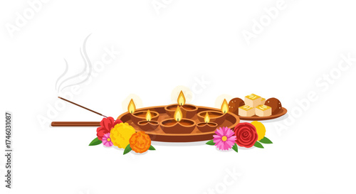 Festive Diwali Celebration Still Life Featuring Traditional Oil Lamps, Sweets, Flowers, and Incense. Suitable for holiday greetings, event promotions, or cultural content