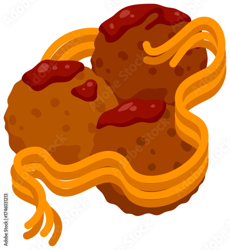 Fast food meat ball noodle retro Y2K sticker or symbol. Street food restaurant retro groovy vector label, takeout cafe Y2K sticker. Fast food meal tag with meet balls, hot sauce and spaghetti pasta