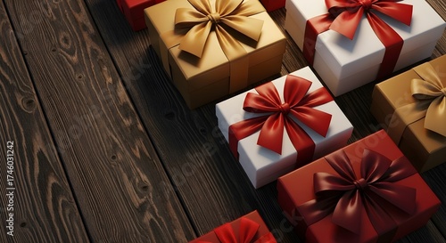 A Luxury Christmas Gift Boxes with Red and Gold Ribbons on Wooden Background – Elegant Holiday Presents and Festive Packaging Concept
