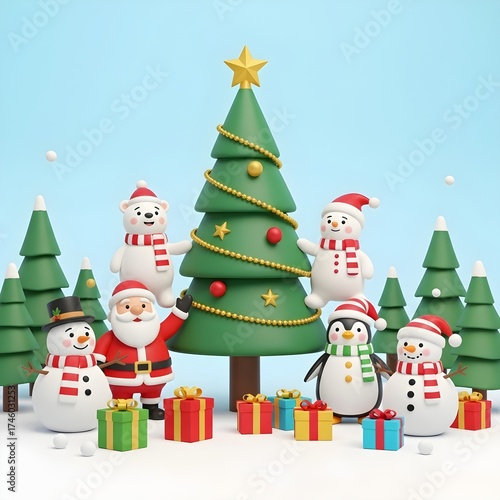 A 3D Christmas Scene with Santa Claus, Snowman, Polar Bears, Penguin, and Christmas Tree with Gifts in Winter Wonderland