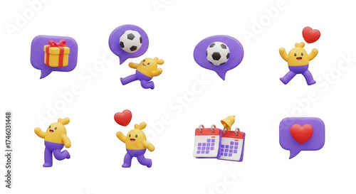 Collection of playful cartoon icons featuring hearts soccer balls gifts and happy characters in purple speech bubbles