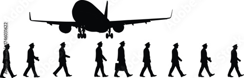 Silhouette of airline pilots walking under airplane, aviation crew illustration, travel concept, professional pilots team vector, airport lifestyle design