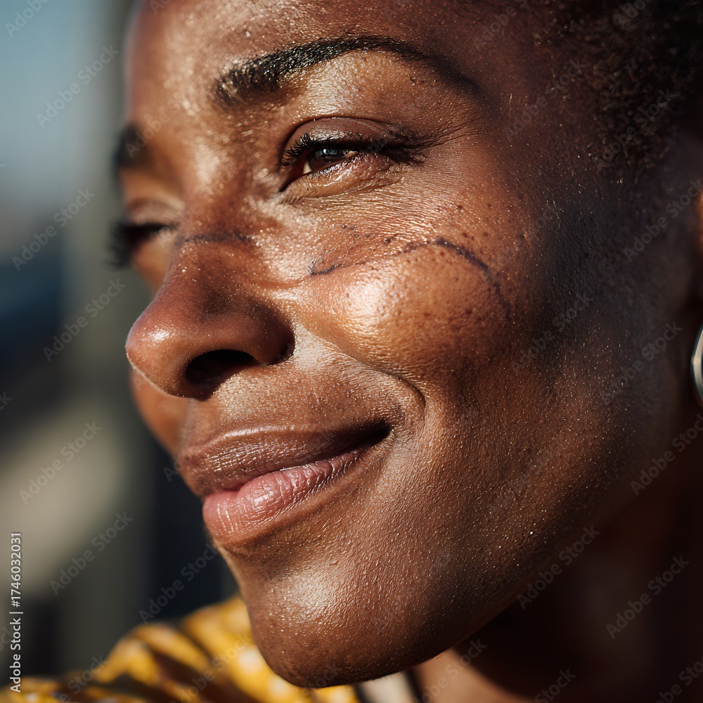 Obraz premium A dark-skinned woman with a thin scar, her lips smiling faintly.