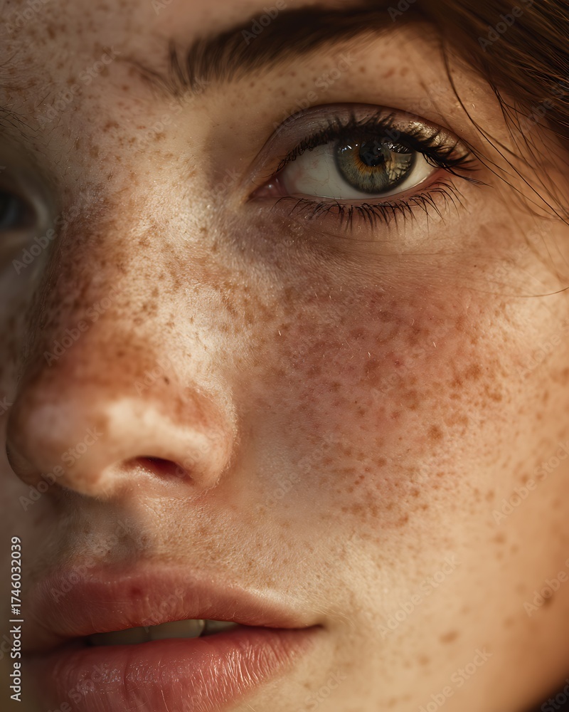 Obraz premium A young woman's skin has some acne scars, warm natural light.