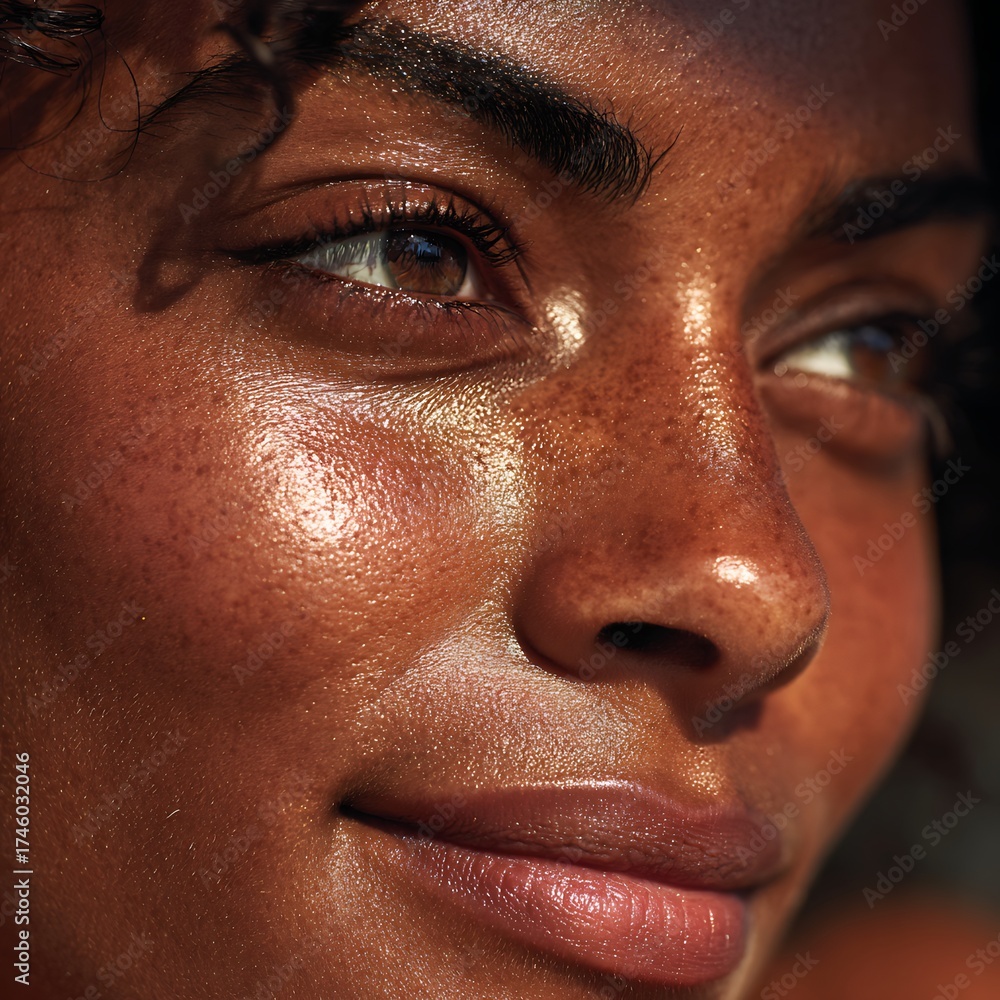 Naklejka premium A dark-skinned woman with a thin scar, her lips smiling faintly.