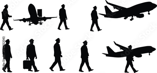 Silhouette of airplane and pilots walking with luggage, airline crew travel concept, aviation industry illustration, airport transport professional design vector