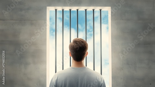 Man Staring at Sky Through Prison Bars – Concept of Freedom