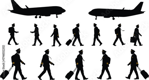 Silhouette of airline pilots walking with luggage, airplane background, aviation crew travel concept, professional pilot illustration, airport lifestyle vector