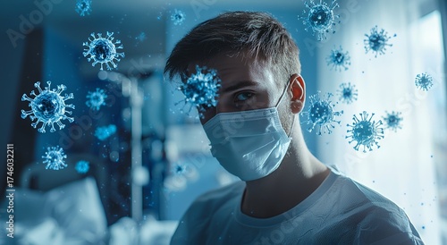 Man in Medical Mask Surrounded by Floating Virus Particles – Pandemic Concept