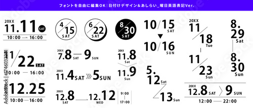 編集OKな日付のデザインパーツセット_年度,日付,曜日,時間,期間_曜日英語Ver｜ Editable Date Design Parts Set | Year, Date, Day of the Week, Time, Period (English Version)
