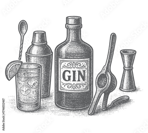 Classic Gin and Tonic Cocktail with Bartending Essentials Engraving