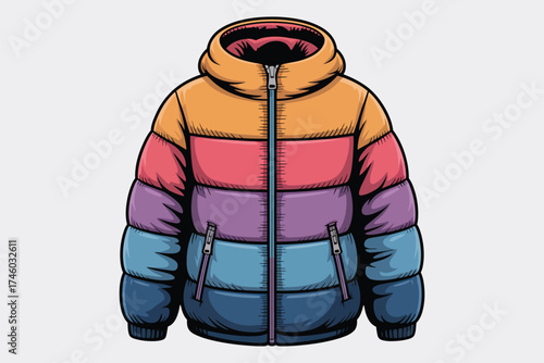 Trendy Winter Puffer Jacket Illustration,  Retro Style Quilted Coat Vector, Modern Outerwear Design, Fashionable Warm Clothing Concept for Winter Season