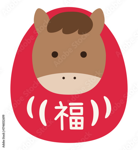 午年のかわいだるまのベクターイラスト。馬,正月,飾り,干支,年賀状