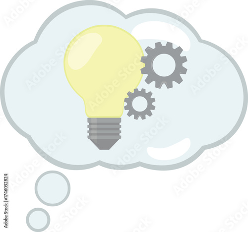 vector illustration thought cloud, light bulb and gears spinning in thinking a solution concept icon