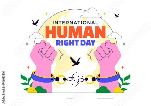 International Human Rights Day Vector Illustration Featuring Diverse People Breaking Chains for Equality, Unity, Freedom, and Peace in Flat Background