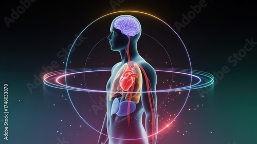 Futuristic Human Body Anatomy with Glowing Brain and Heart, Medical Technology, Health Science Illustration
