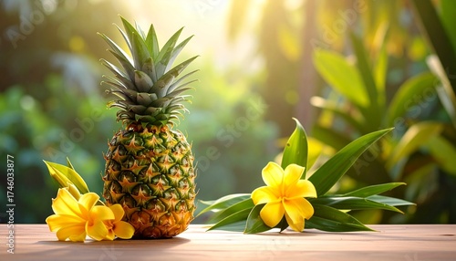 Fresh pineapple with yellow flowers on a wooden surface in sunlight.